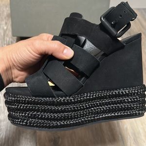 All Saints Marzee Wedge Platform Sandal in Black Suede Like New in Box AllSaints